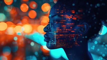  A black woman in profile with computer code and data visualizations overlaying her face, overlaying digital elements