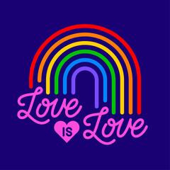 Love is love calligraphy design with rainbow background. Pride month celebration concept design.