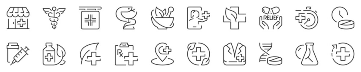 Line icons about pharmacy and medication. Contains such icons as treatments, naturophaty, dose and more. Editable vector stroke 2 of 2 sets. 512x512 Pixel Perfect in transparent background.