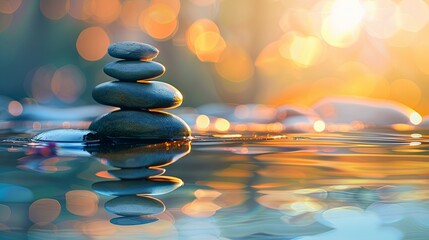Obraz premium Zen stones in water with reflection, peace meditation relaxation concept