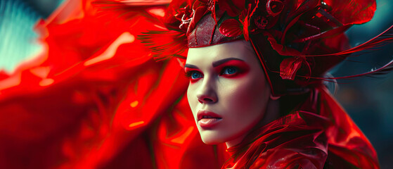 A woman with red makeup and a red crown on her head