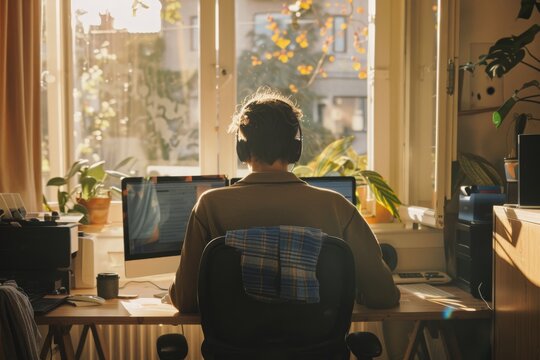 A person working productively in a comfortable home office setup, emphasizing the benefits of remote work flexibility