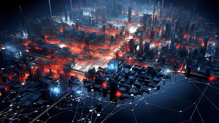 Futuristic city at night with neon lights. 3d rendering