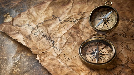 Old compass on vintage treasure map. Adventure stories background. Retro style. - obrazy, fototapety, plakaty