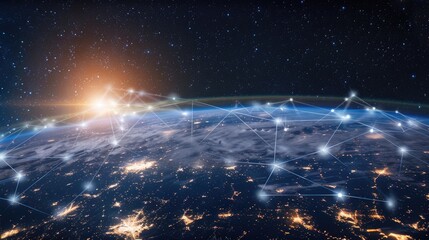Earth viewed from space, adorned with glowing connection lines, symbolizing global interconnectivity. Ai Generated