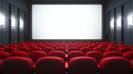 Empty movie theater with red seats and white screen. Ai Generated