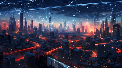 3d illustration of futuristic city with high-rise buildings and neon lights