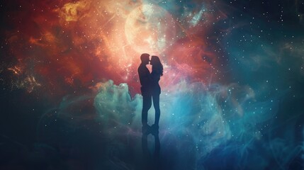 Fototapeta premium Silhouettes of man and woman against cosmic backdrop. Abstract art. Ai Generated