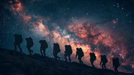 Silhouette of people walking on the dune - Magnificent view of mountains under the night starry sky with Andromeda galaxy "Elements of this image". camping and mountain hiking under the stars