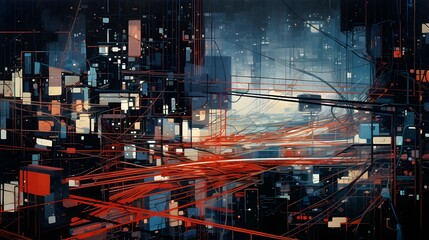 Futuristic city panorama with buildings and skyscrapers.