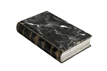 A black book with yellowing pages. The book is closed and the spine is facing the viewer. The book is isolated on a white background.