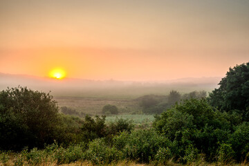 Obraz premium Red sunrise over the beautiful field and trees . Red clouds and sky with sun. Sun over the trees . Summer field at morning . Fog and sky . Beautiful landscape at summer with fog 