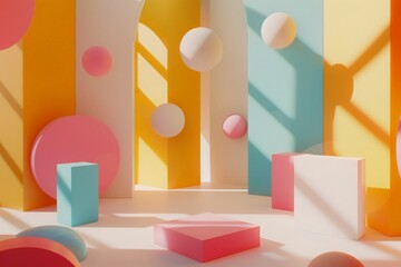 Bright and bold geometric shapes in 3D floating over a minimalist 2D backdrop, creating a playful and joyful atmosphere
