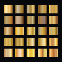 Gold foil texture background set. Vector golden, copper, brass and metal gradient template.