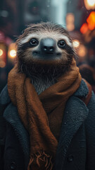 Relaxed sloth meanders through city streets in tailored elegance, epitomizing street style.