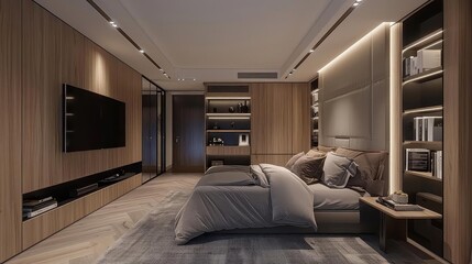 cozy minimalist bedroom with high - tech entertainment center featuring a black television, gray rug, and white and gray pillows on a wood floor the room is illuminated by a white ceiling and