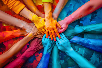 Diverse team support concept of holding hands together