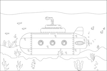 Coloring page marine theme, submarine with sea life