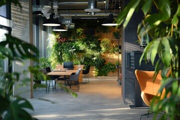 Fototapeta premium Modern office environment that emphasizes sustainability, with plants, natural light, and recycled materials