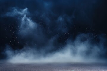 Navy Blue smoke empty scene background with spotlights mist fog with gold glitter sparkle stage studio interior texture for display products blank 