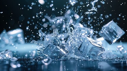 Ice cube splash in water with black background.
