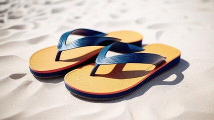 Naklejka premium A pair of flip-flops lies on a sandy beach, symbolizing relaxation and beach leisure. The textured sand around the footwear enhances the feel of a perfect summer day at the beach