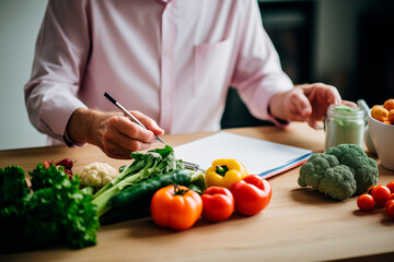 Senior man discussing his dietary needs with a professional, surrounded by fresh vegetables, focusing on healthy eating.