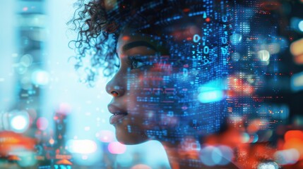  A black woman in profile with computer code and data visualizations overlaying her face, overlaying digital elements