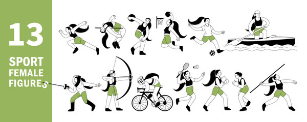 Professional Sport Activities Set. Women Sportsmen outline Characters Workout. Basketball, Biking, Athletics, Football, fencing, Archery, Badminton, kayaking. For web, mascot. Vector line illustration