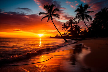 Stunning sunset over a tropical beach with silhouetted palm trees, creating a tranquil and picturesque setting.