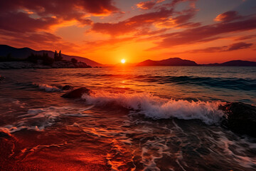 Breathtaking sunset with vibrant orange and red hues reflecting on the sea's surface, framed by a rugged coastline.