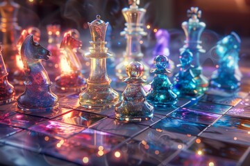 3D chessboard where each piece is a miniature world or galaxy, showcasing different environments and celestial phenomena on each square