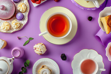 Obraz na płótnie Canvas Colorful Tea Party Setup with Pastries on Elegant Purple Background