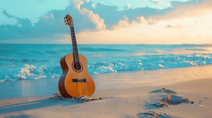 Photo Picture of a Guitar on the Sand Beach , summer holiday on the beach, concept of music day