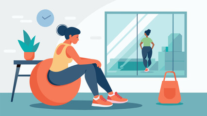 Kicking off their sneakers and sinking into a bean bag chair in their home gym admiring their progress in the mirror.. Vector illustration