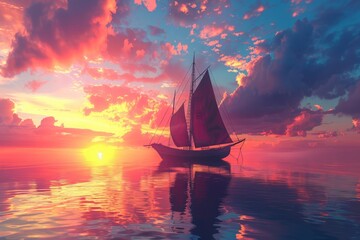 3D surrealist scene of an ancient sailboat at sunset