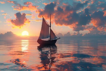 3D surrealist scene of an ancient sailboat at sunset