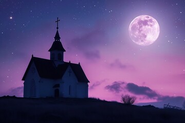 Fototapeta premium Illustration of a church sitting on a hill, surrounded by a softly pastel colorged lowing sky. Above, a big full moon shines down, illuminating the tranquil scene