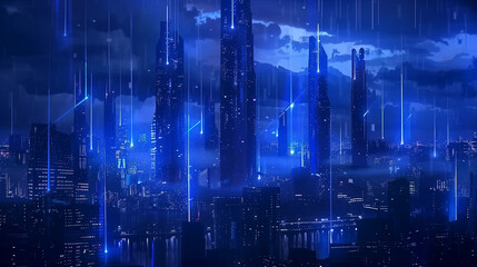 a city with a blue background and a city in the background.