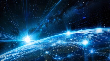 Earth viewed from space, adorned with glowing connection lines symbolizing global networking and technological advancement, Ai Generated.