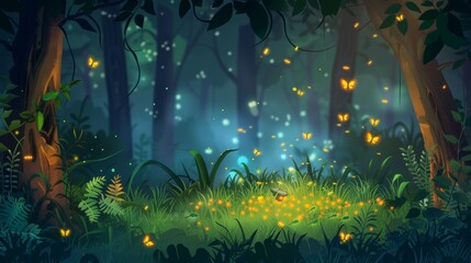 Fireflies illuminate the dark night forest with their glowing presence, Ai Generated