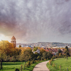 Germany, Stuttgart panorama view. Beautiful houses in autumn, Sky and nature landscape. Vineyards...