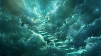 Obraz premium Ethereal stairway transcends earthly bounds, guiding souls. Ai Generated