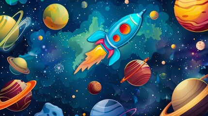 Cartoon rocket with vibrant colors soars through space amidst playful planets. Child-friendly backdrop. Ai Generated