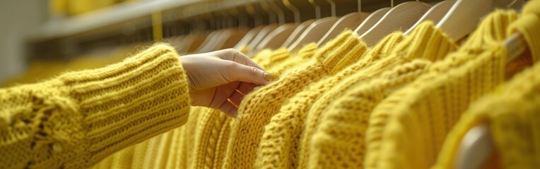 Closeup of a womans hand selecting a row of yellow sweaters in a store