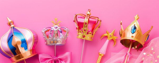 Magical Pink Background with Fairytale Decorations and Objects