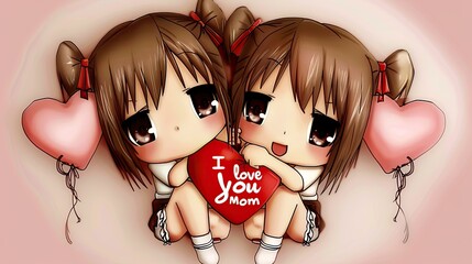 Two anime girls holding a heart with I love you mom written on it, expressing love and appreciation for a mother figure.