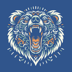 Obraz premium Bear head roaring tribal tattoo style vector on blue BG