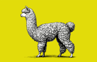 Alpaca engraved drawing illustration on yellow BG © jolygon