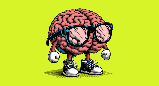cartoony brain character with glasses on green BG